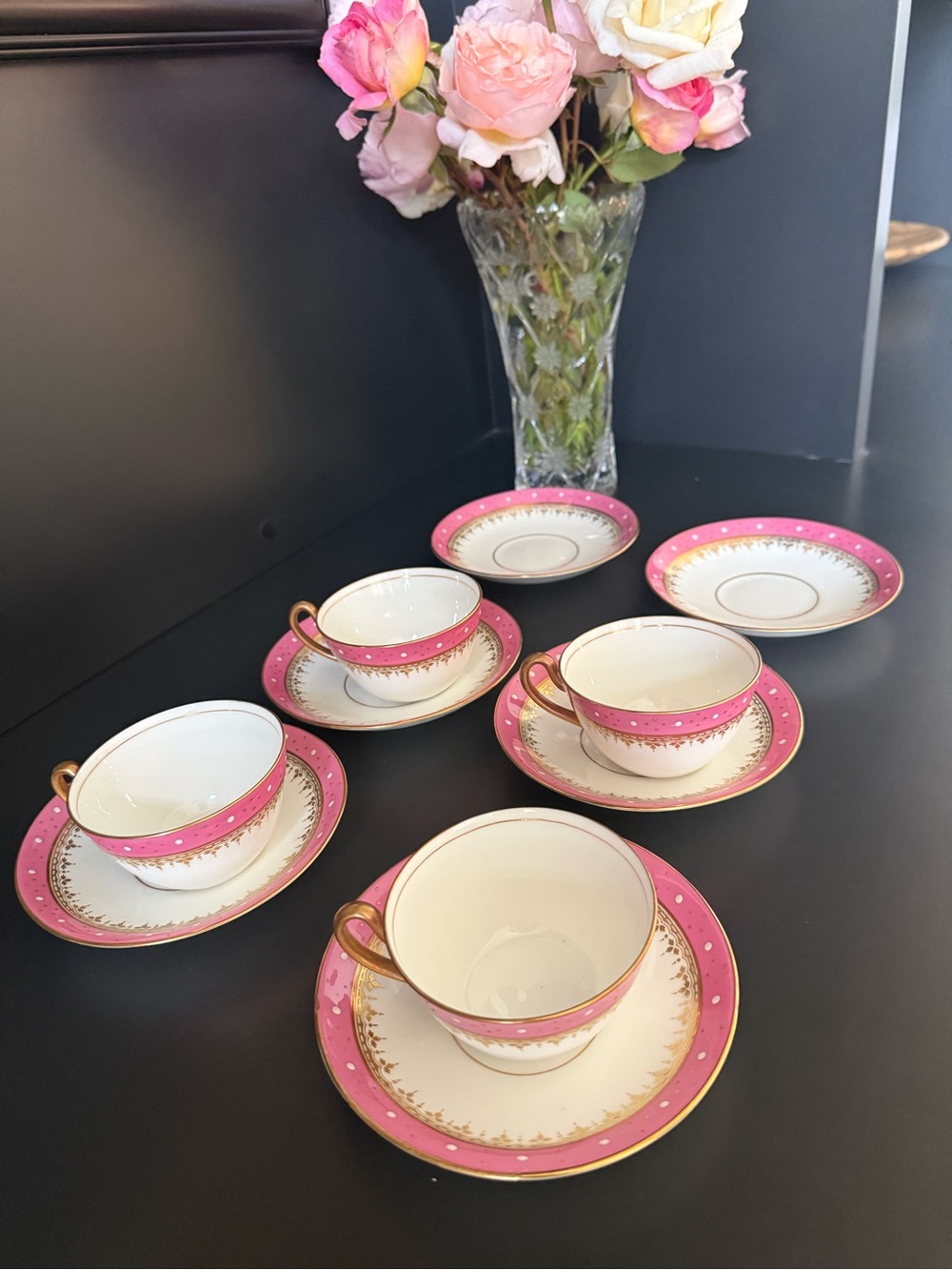 Antique Adderley Bone China Pink Gold Tea Set Service for 4